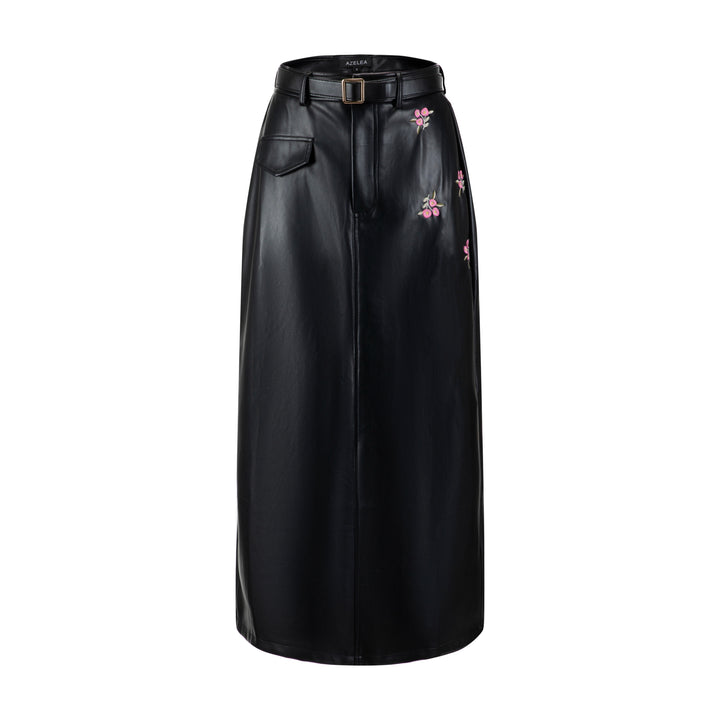 Black Leather With Mini Pink Floral Embroidery