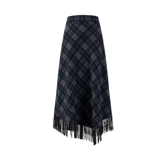 Navy Plaid Fringed Skirt
