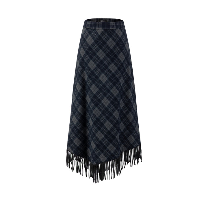 Navy Plaid Fringed Skirt