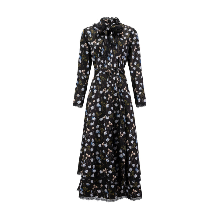 Black Floral Printed Belted Dress