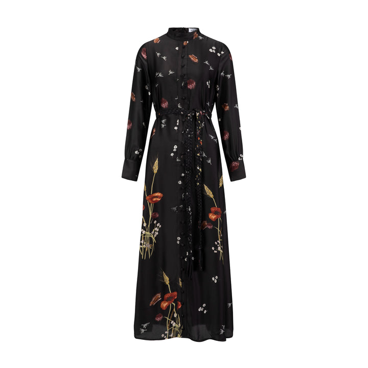 Black Printed Braided Belt Dress