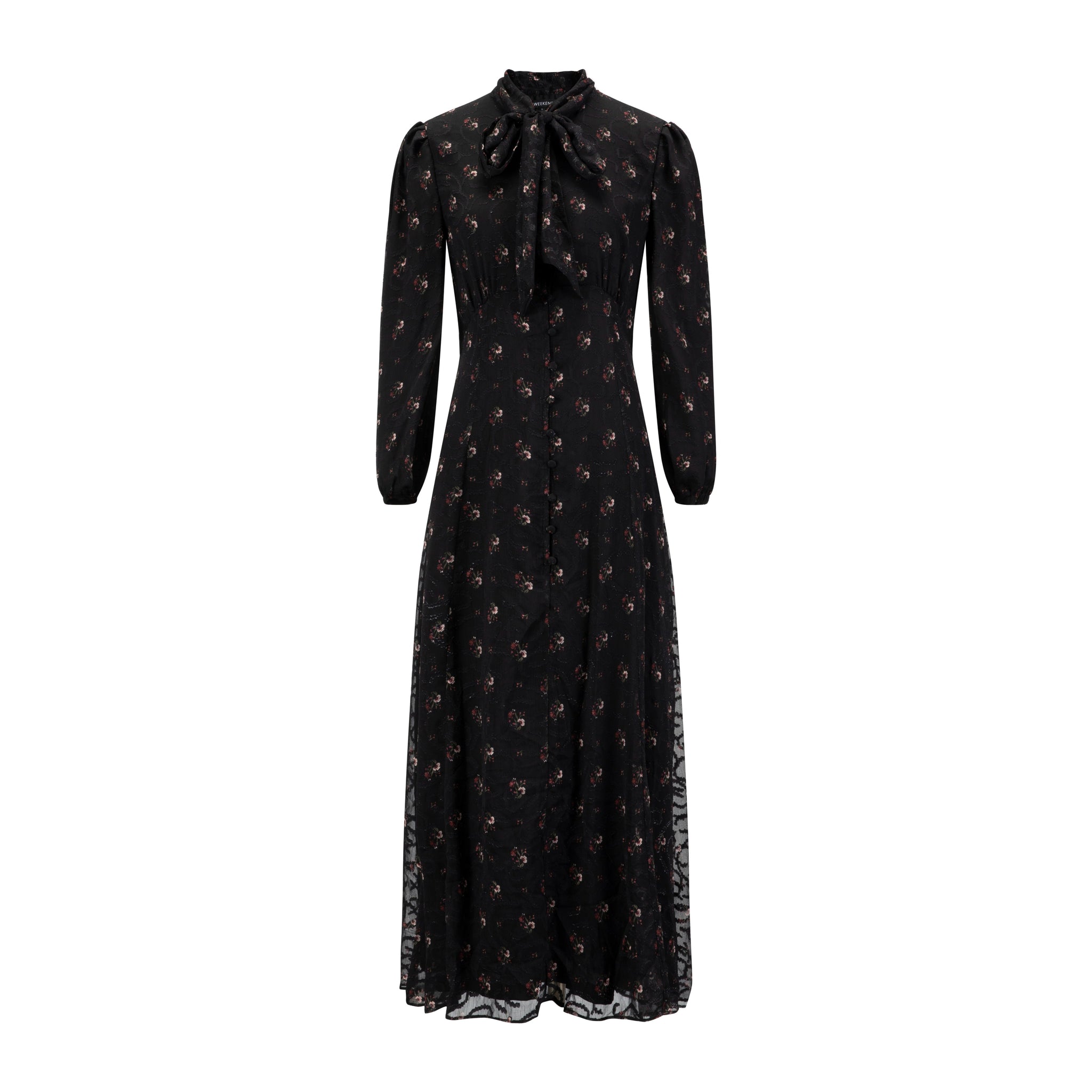 Black Printed Lace Neck Tie Dress