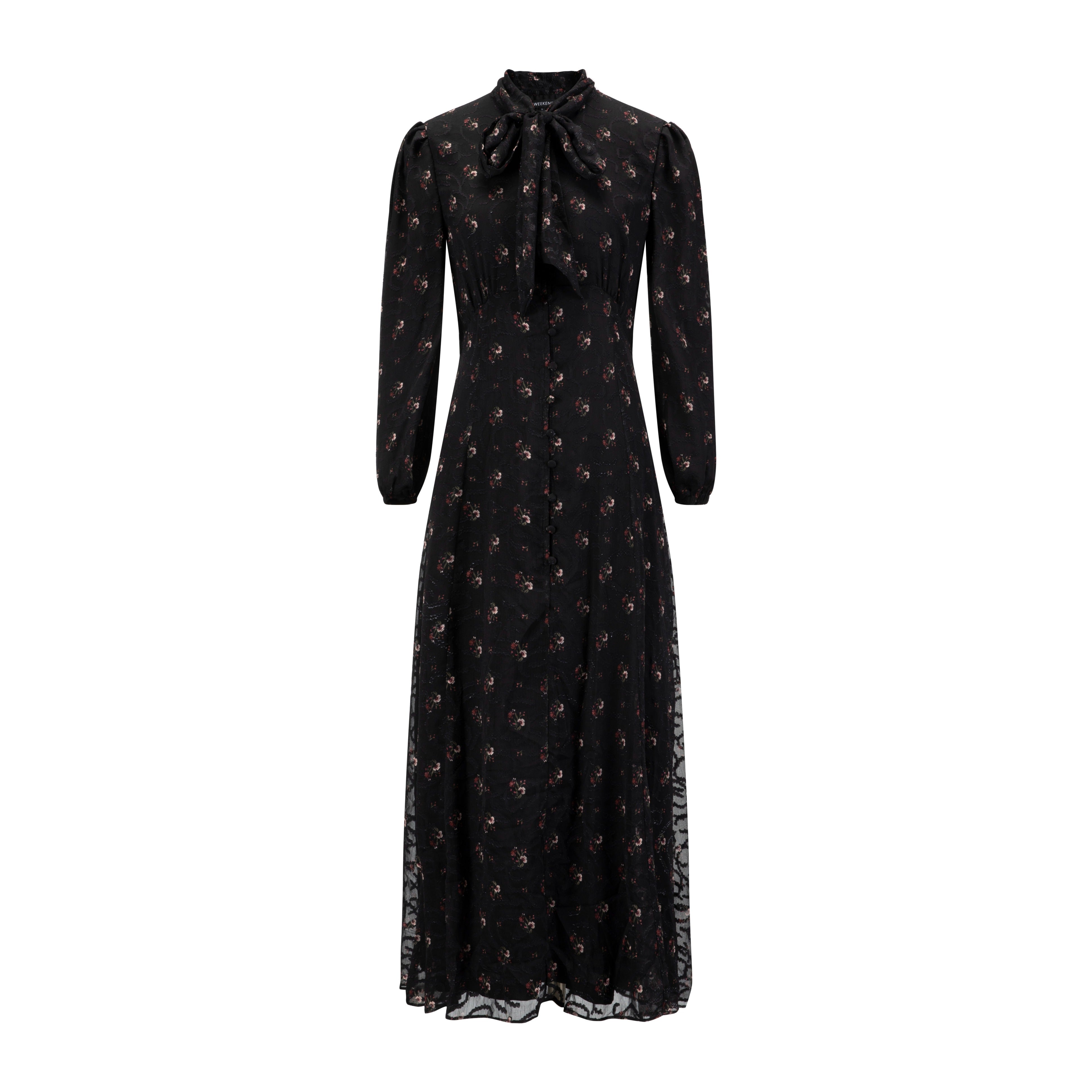 Black Printed Lace Neck Tie Dress