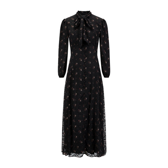 Black Printed Lace Neck Tie Dress