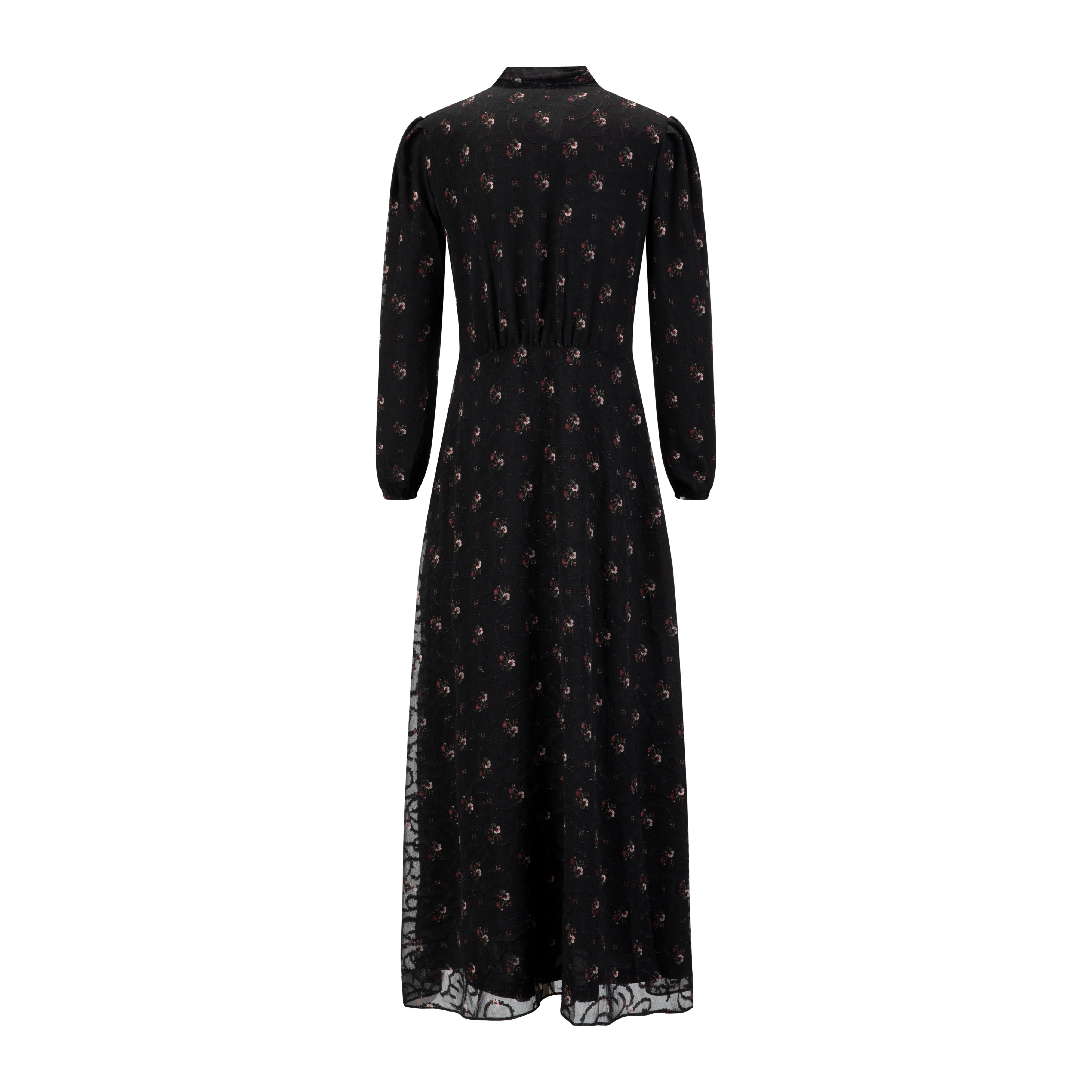 Black Printed Lace Neck Tie Dress