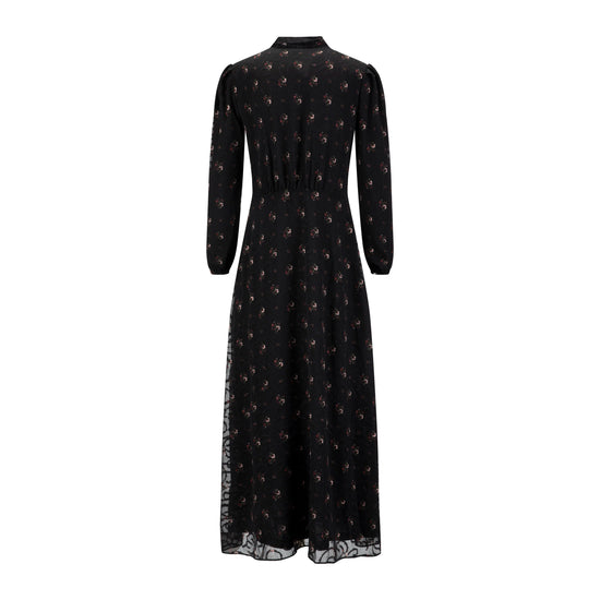 Black Printed Lace Neck Tie Dress