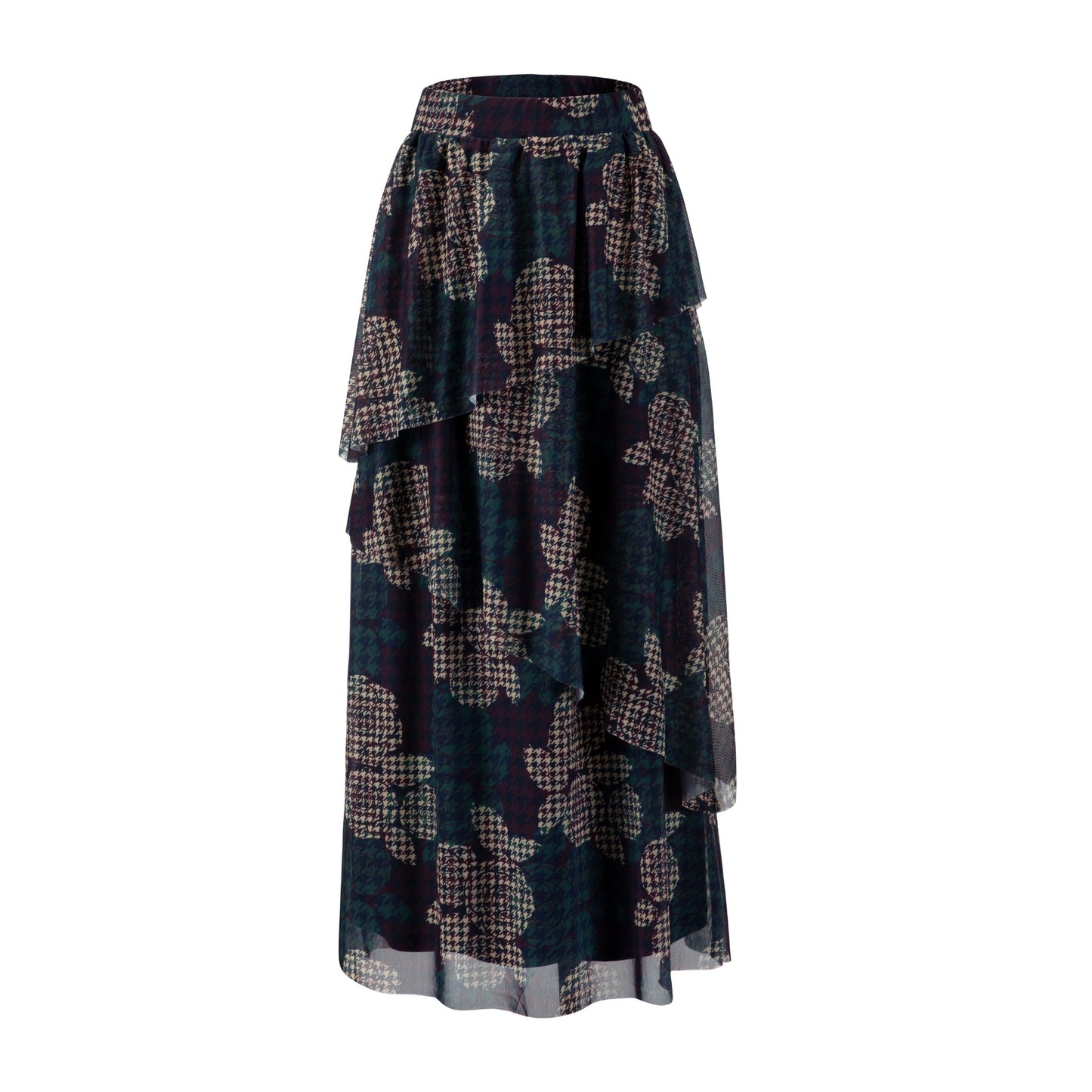 Houndstooth Floral Printed Skirt