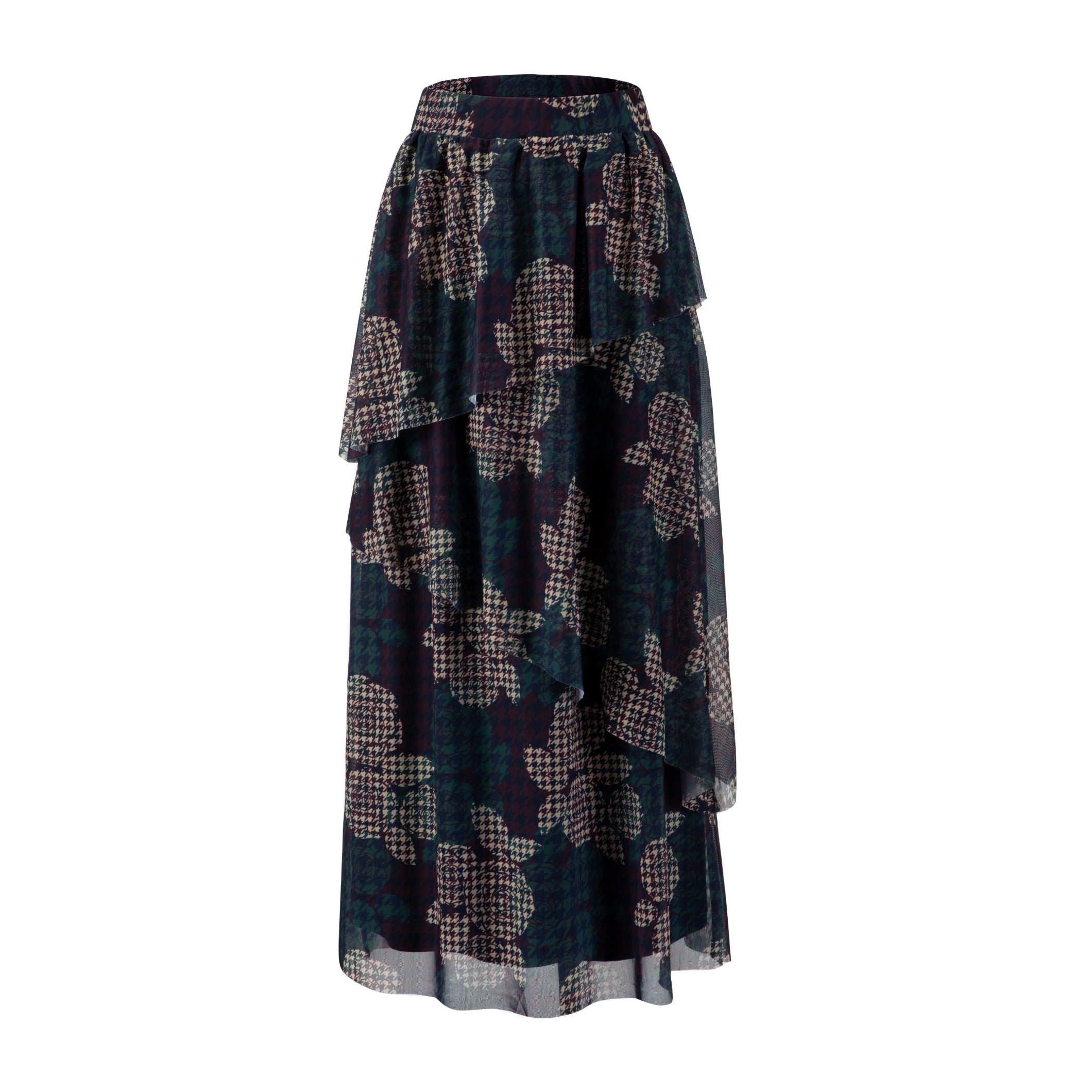 Houndstooth Floral Printed Skirt