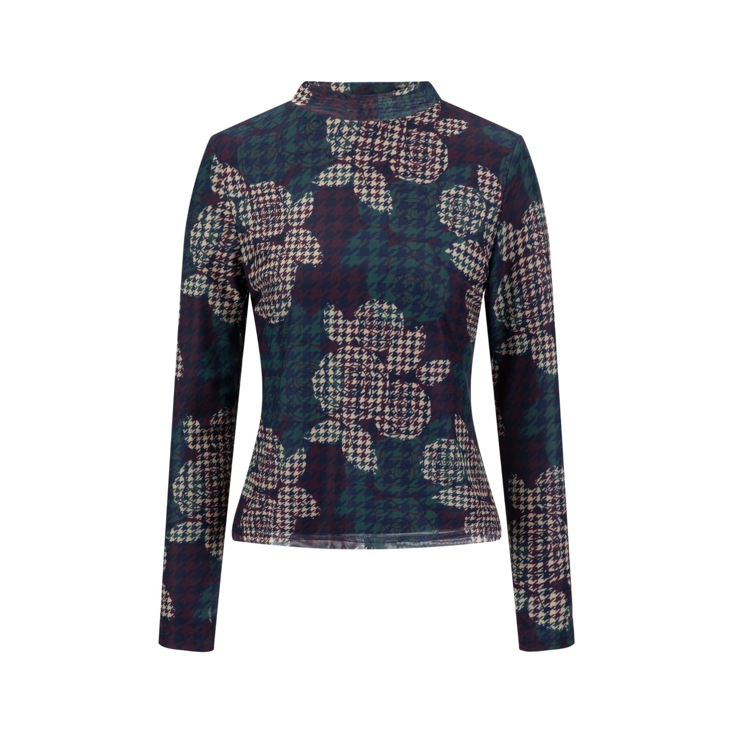 Houndstooth Floral Printed Turtle Neck