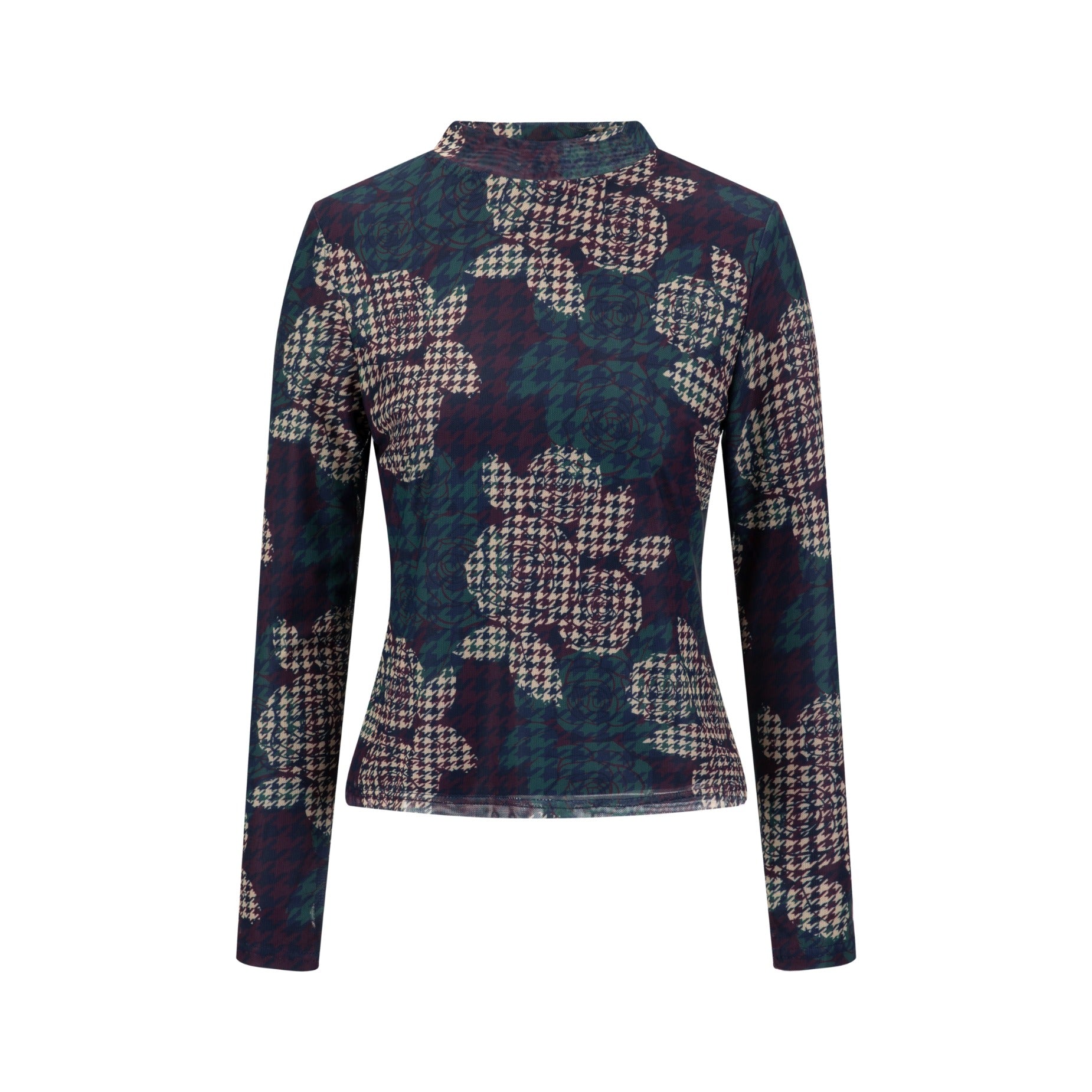 Houndstooth Floral Printed Turtle Neck
