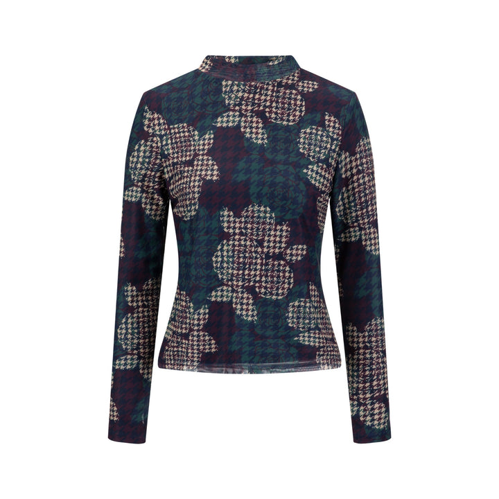 Houndstooth Floral Printed Turtle Neck