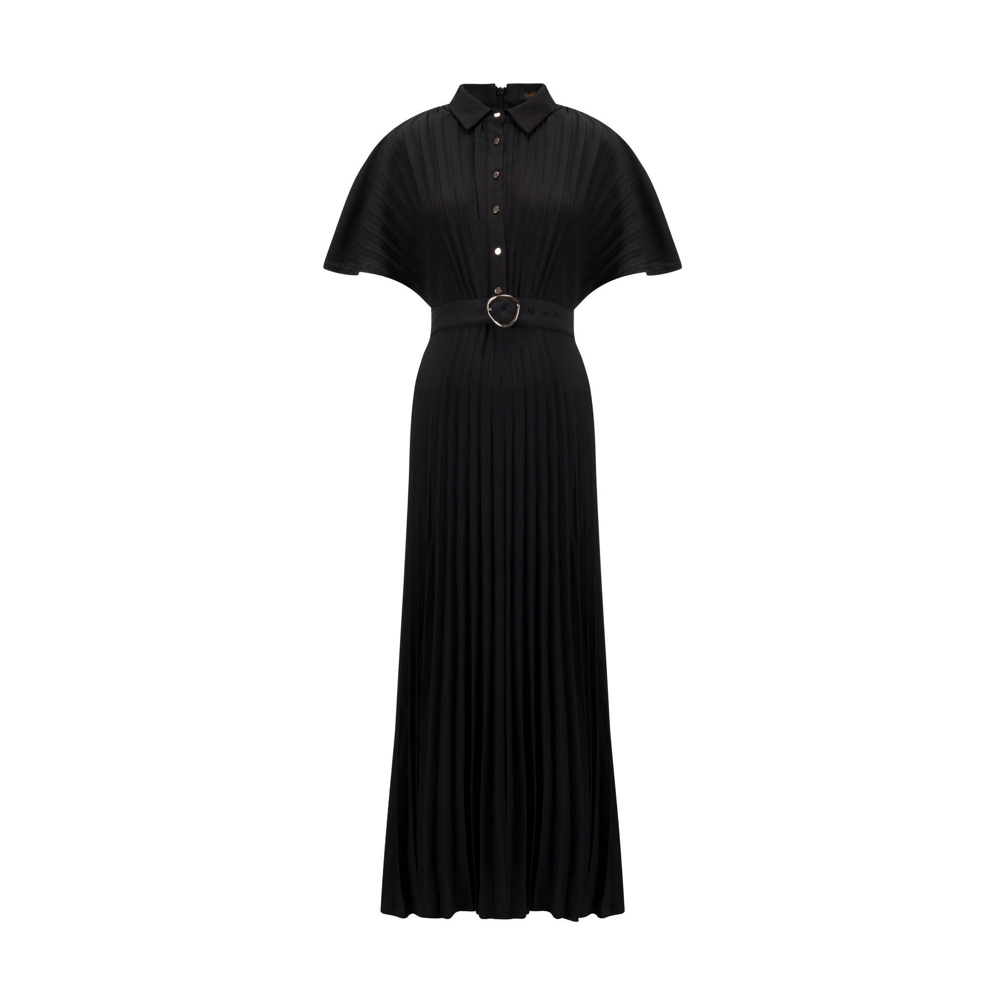 Black Pleated Belted Dress