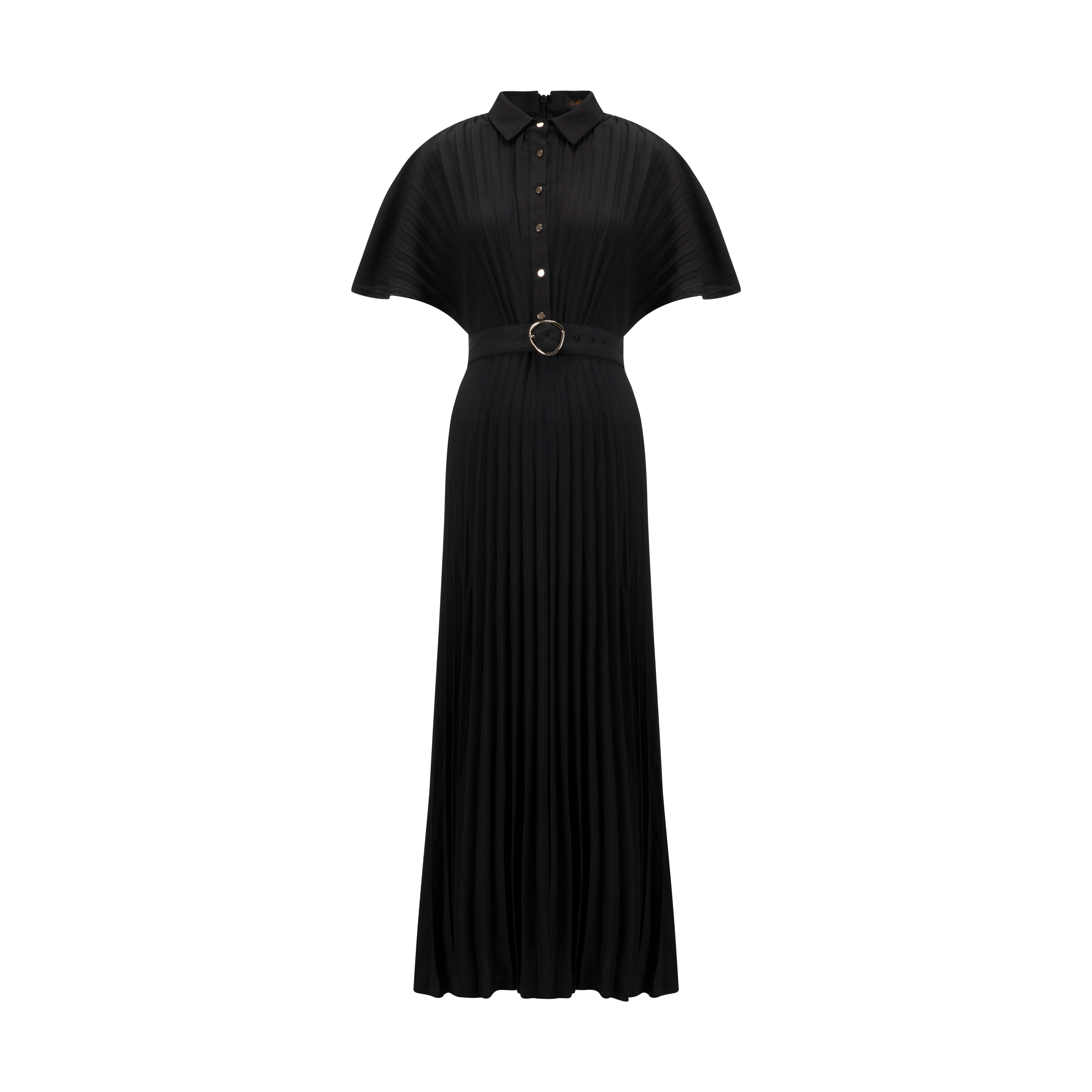Black Pleated Belted Dress