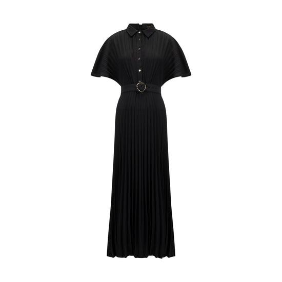Black Pleated Belted Dress