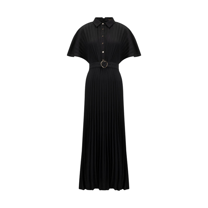Black Pleated Belted Dress
