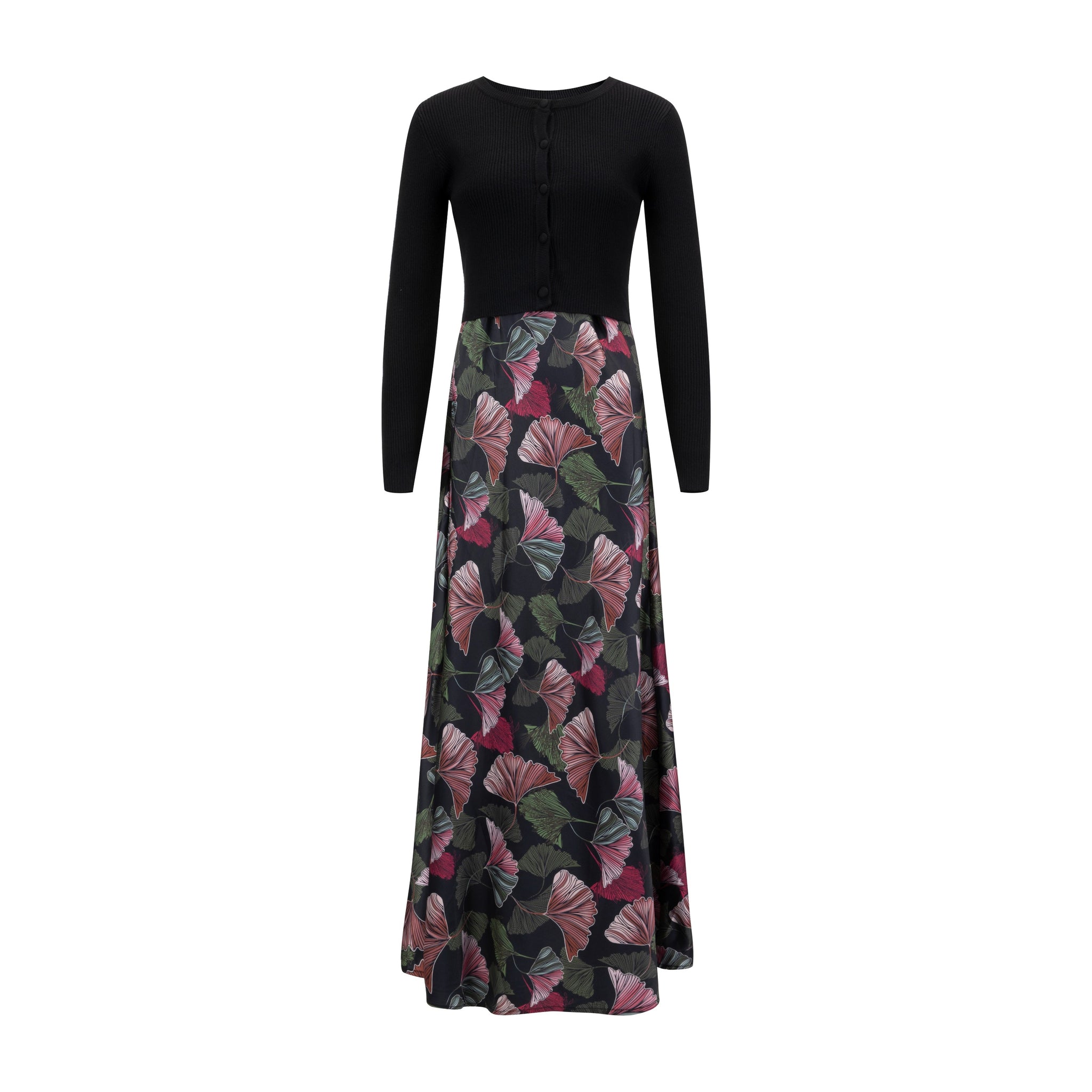 Floral Printed Silk Jumper With Black Knit Top