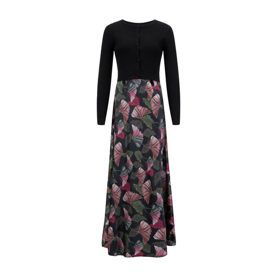Floral Printed Silk Jumper With Black Knit Top
