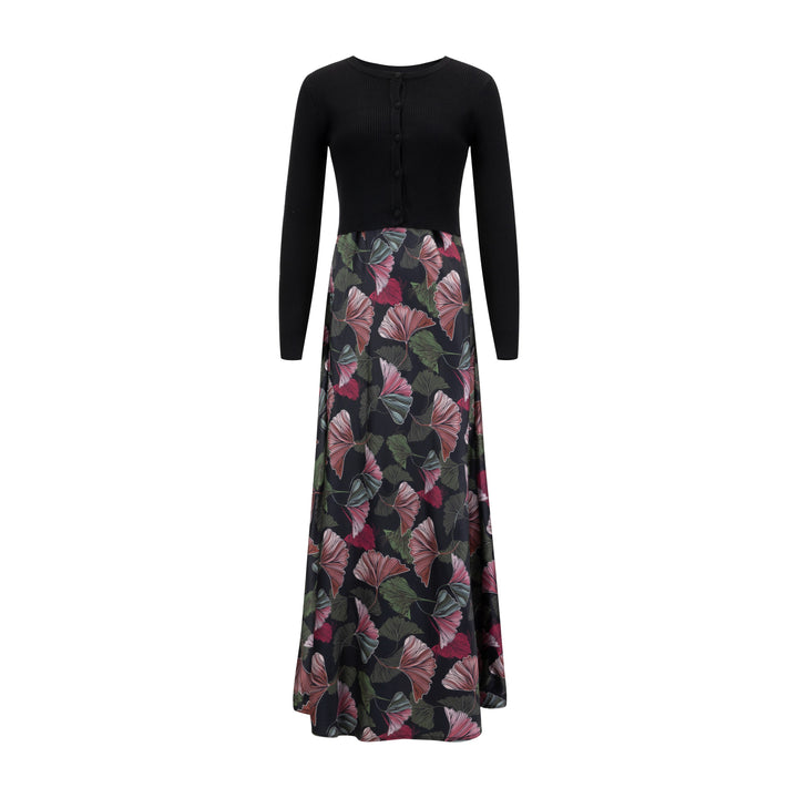 Floral Printed Silk Jumper With Black Knit Top