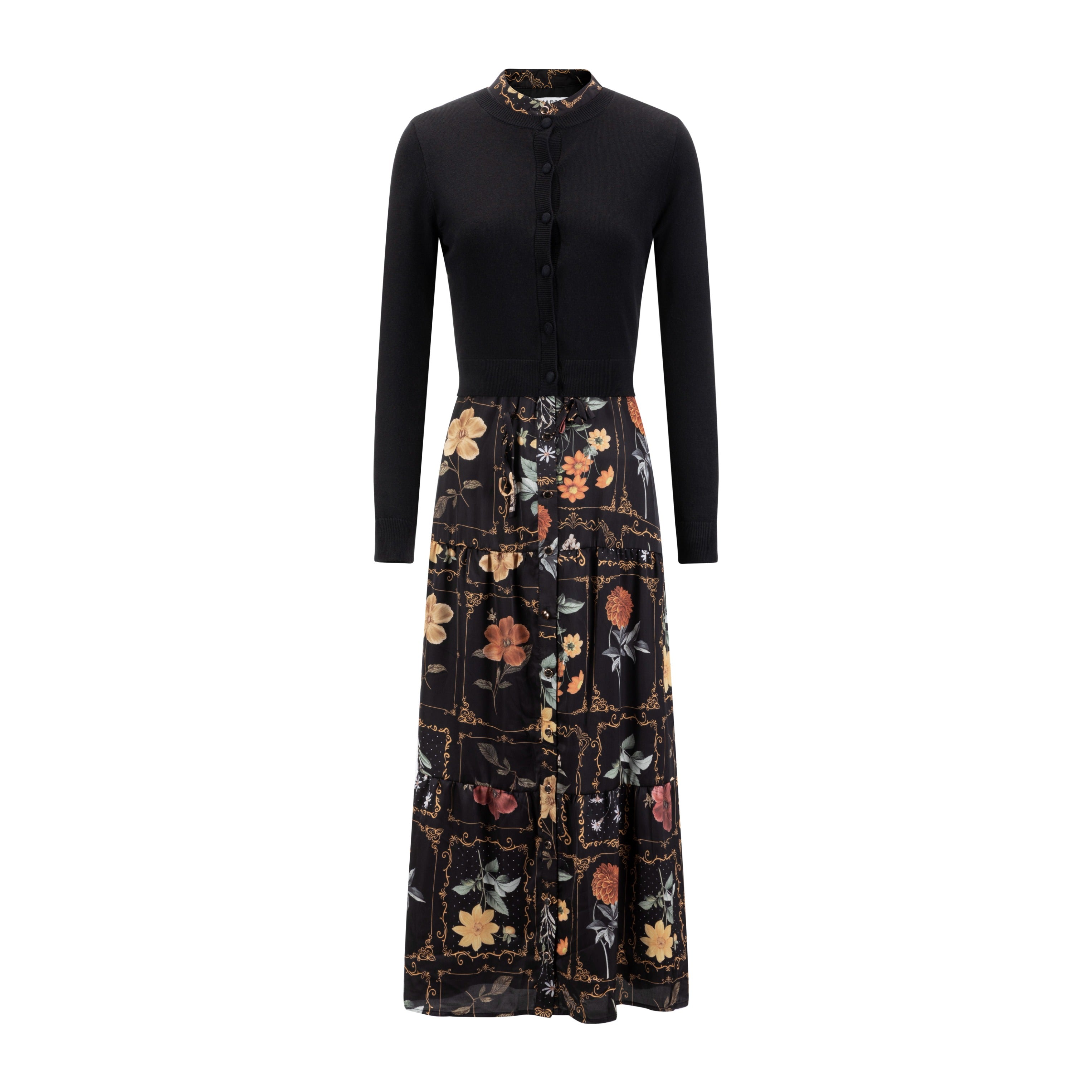 Black And Yellow Printed Drawstring Dress With Overlay Cardigan