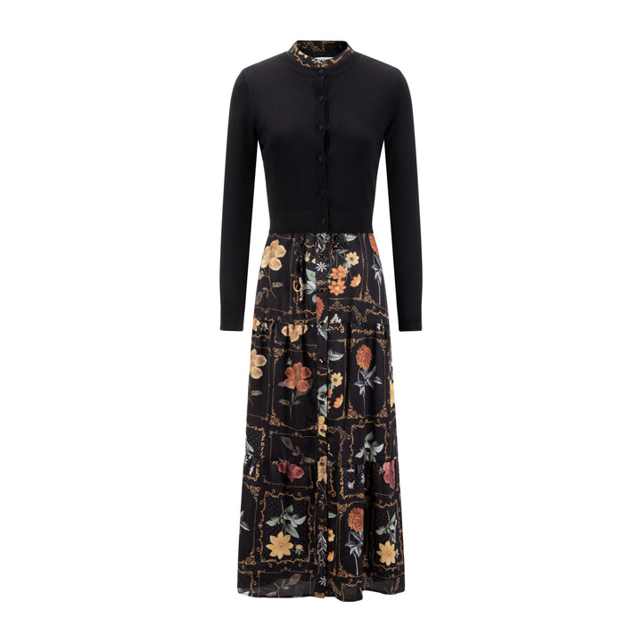 Black And Yellow Printed Drawstring Dress With Overlay Cardigan