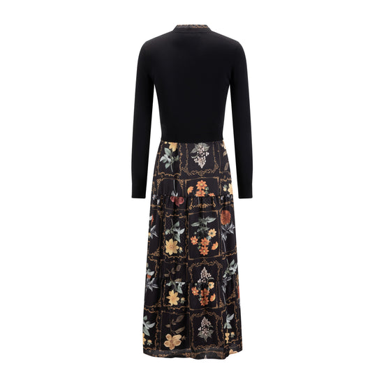 Black And Yellow Printed Drawstring Dress With Overlay Cardigan