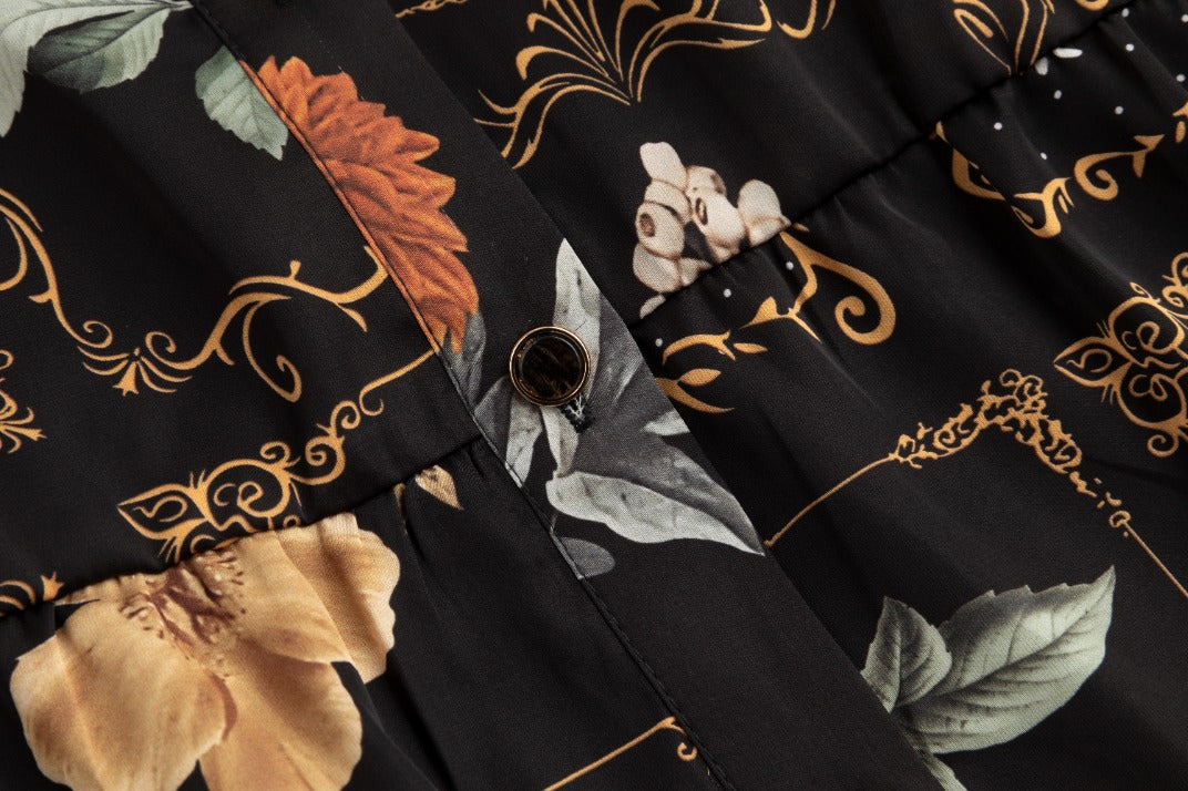 Black And Yellow Printed Drawstring Dress With Overlay Cardigan