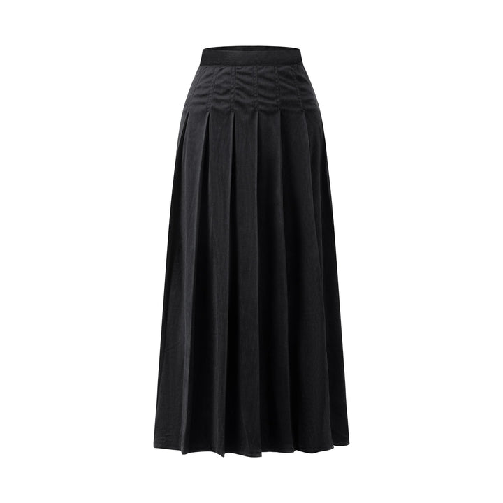 Corduroy Box Pleated Skirt - Long - Black