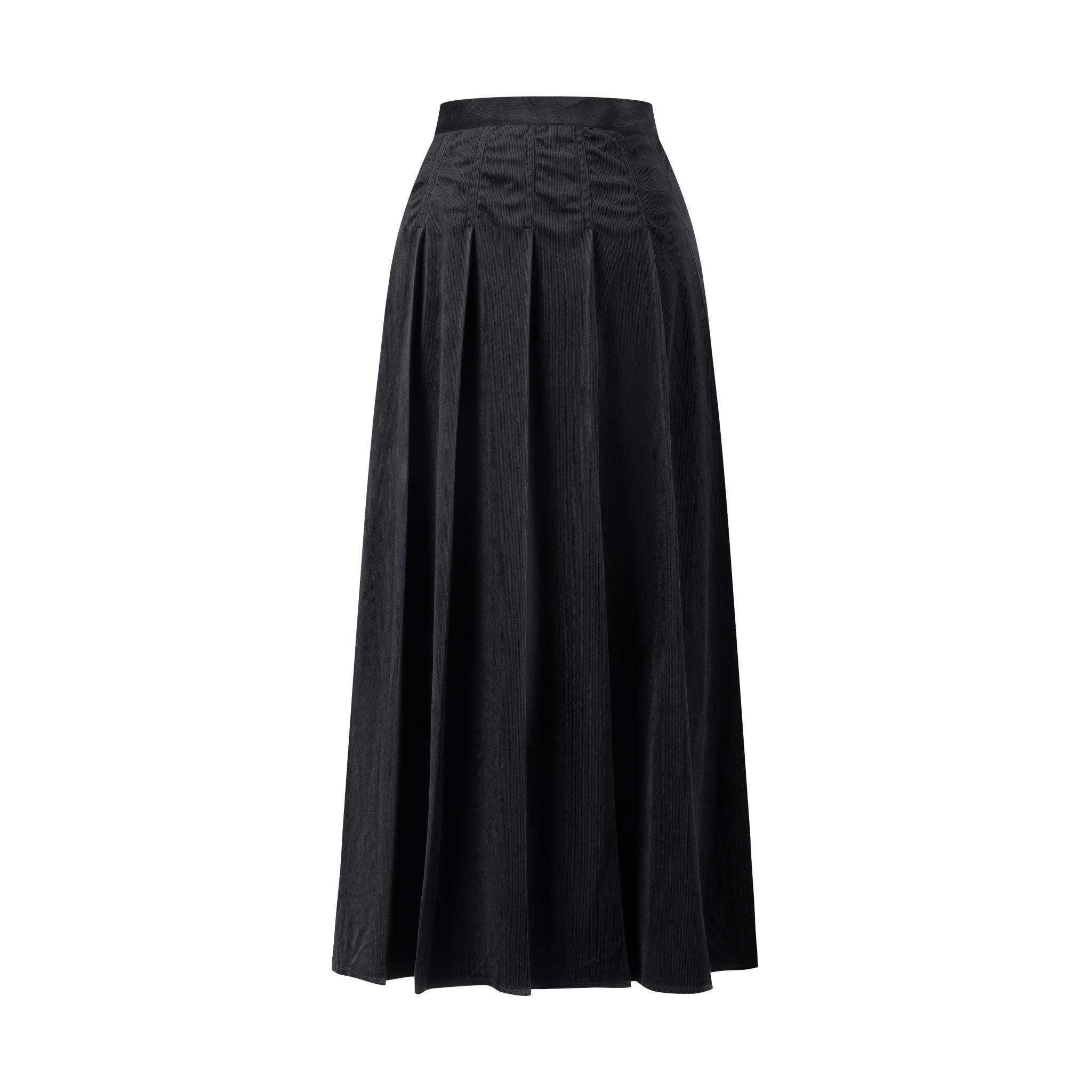 Corduroy Box Pleated Skirt - Long - Black