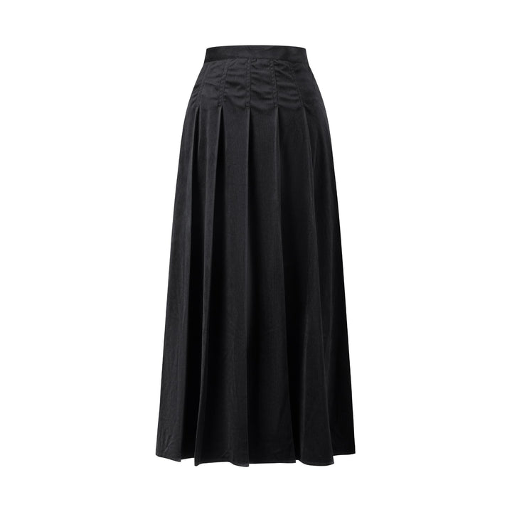 Corduroy Box Pleated Skirt - Long - Black