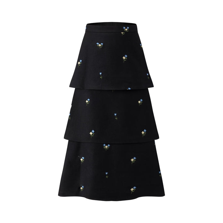 Black Layered Mini Floral Embroidered Skirt