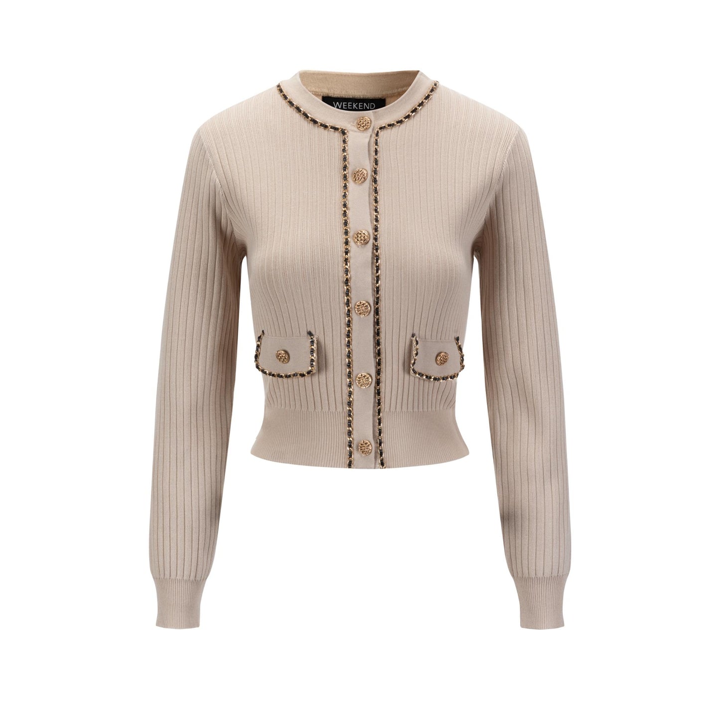Beige Gold Chain Detailed Knit Cardigan