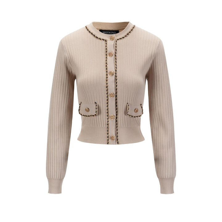 Beige Gold Chain Detailed Knit Cardigan