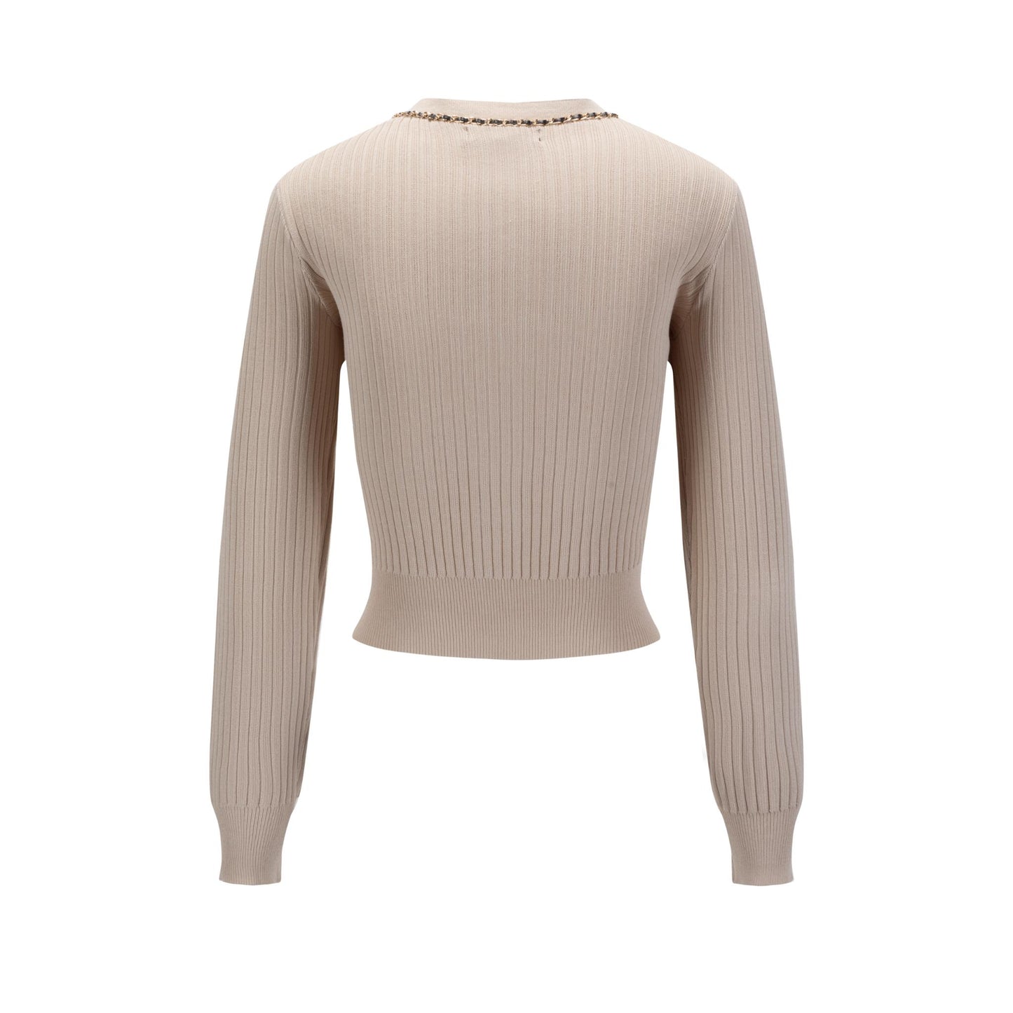 Beige Gold Chain Detailed Knit Cardigan