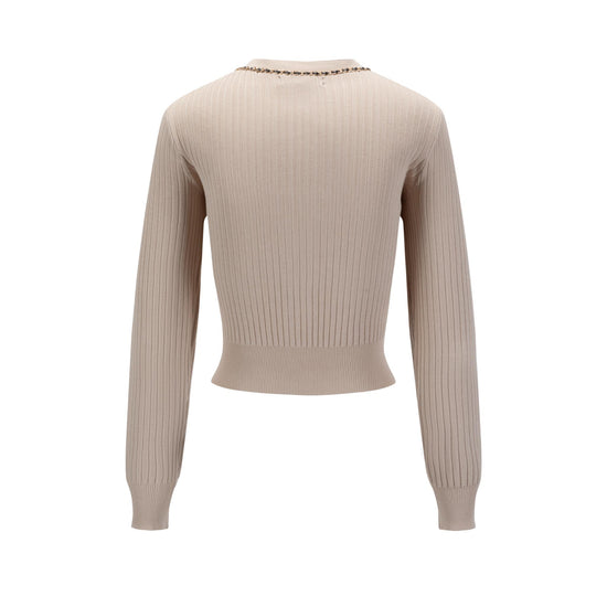 Beige Gold Chain Detailed Knit Cardigan