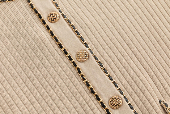 Beige Gold Chain Detailed Knit Cardigan