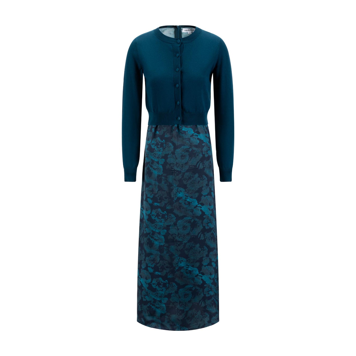 Teal Floral Dress With Solid Cardigan