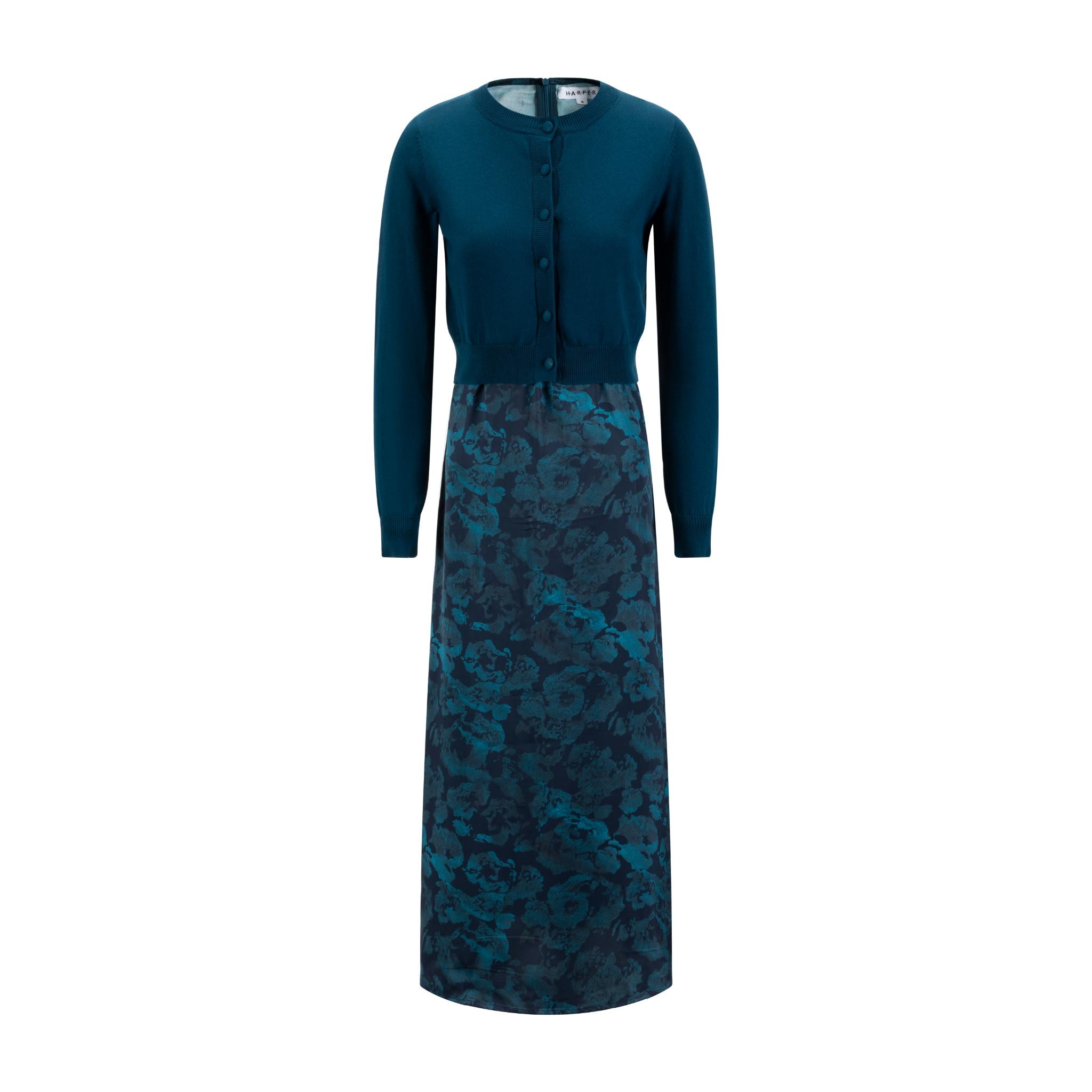 Teal Floral Dress With Solid Cardigan