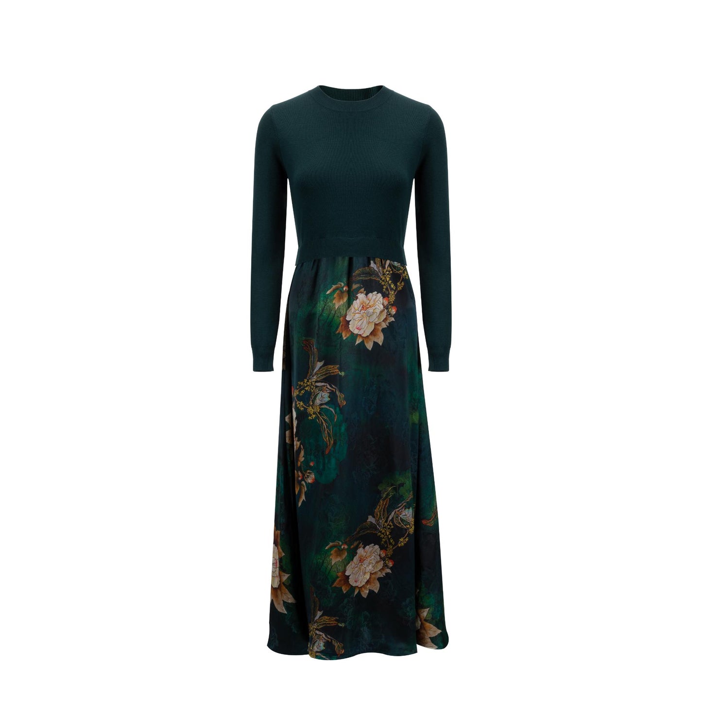 Emerald Green Knit Overlay And Printed Satin Dress