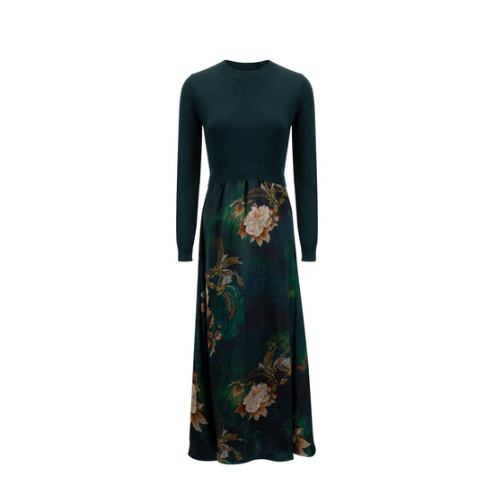 Emerald Green Knit Overlay And Printed Satin Dress