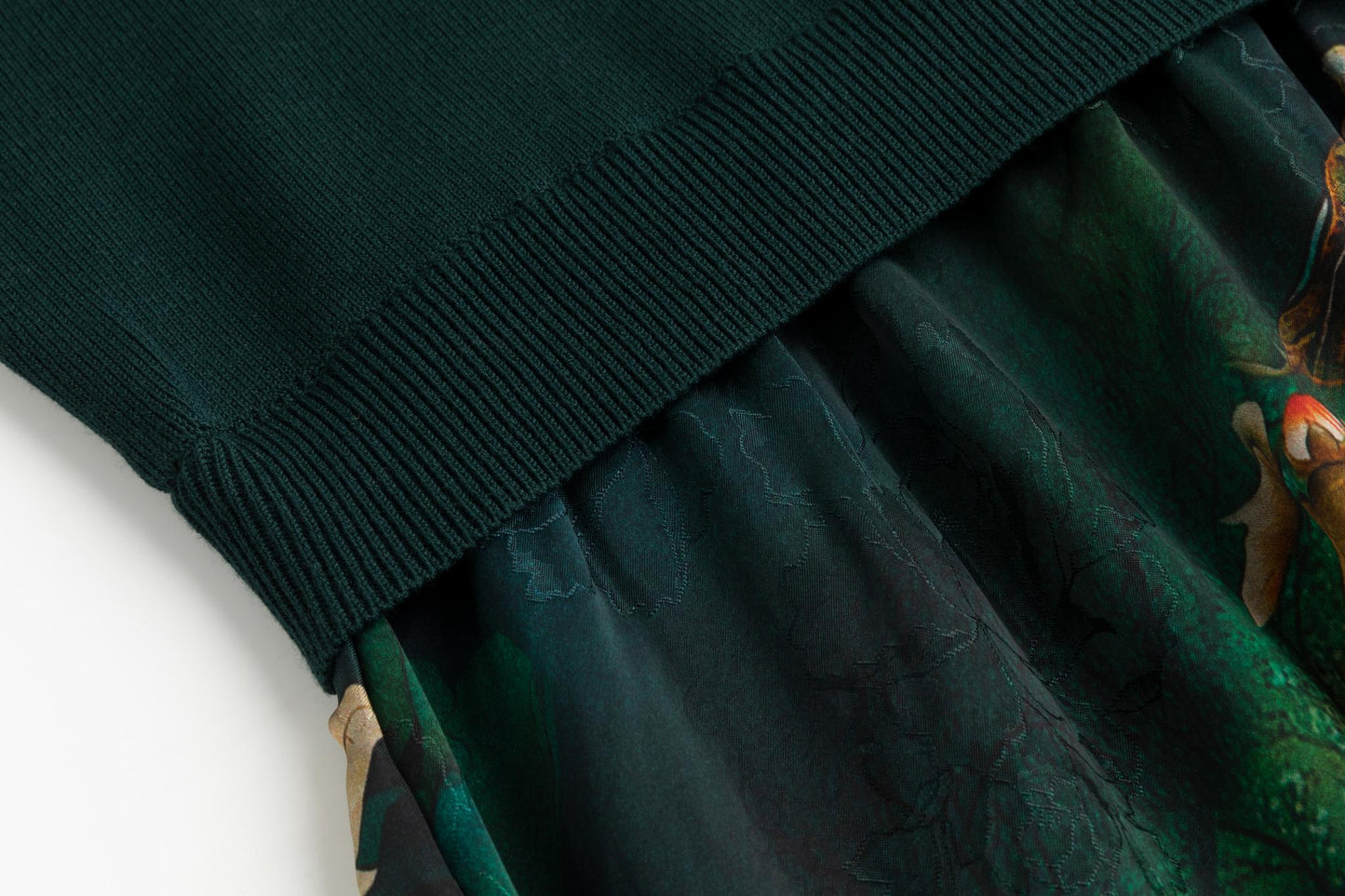 Emerald Green Knit Overlay And Printed Satin Dress