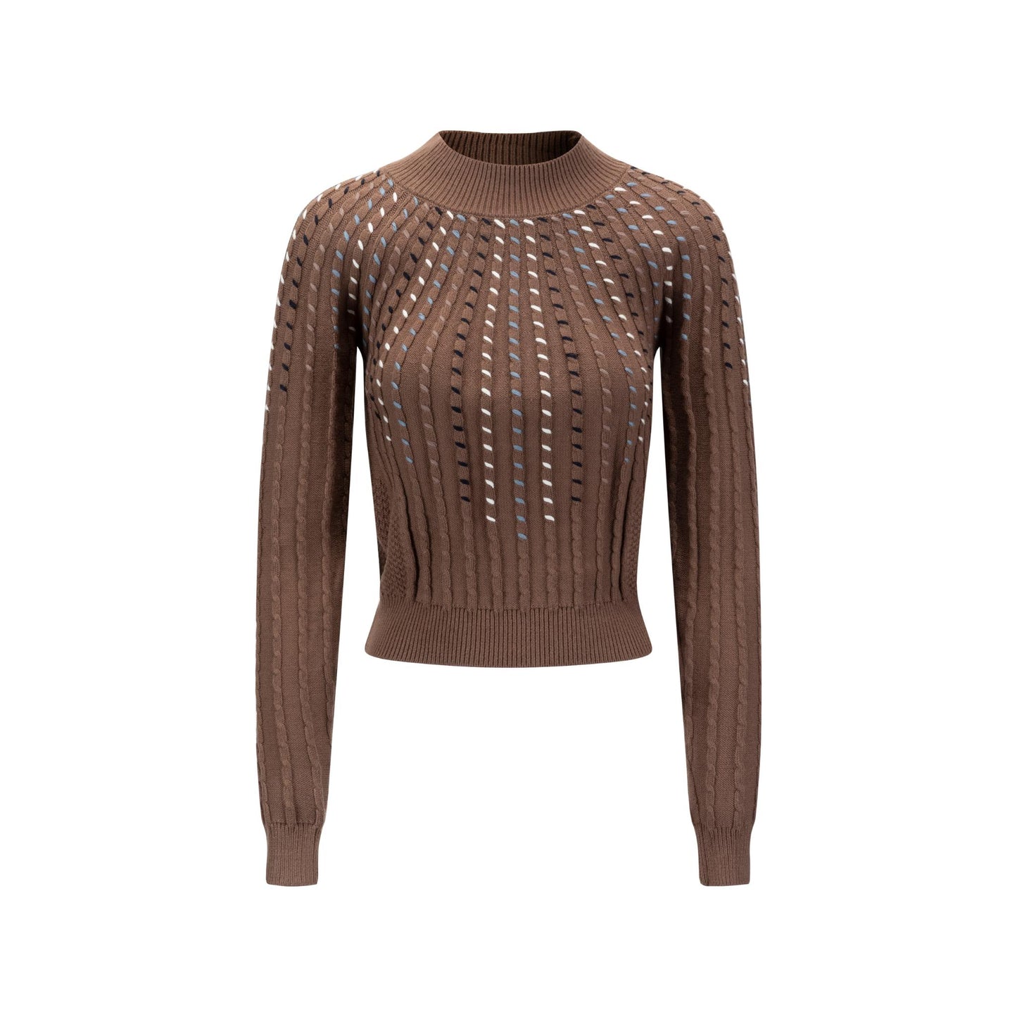 Cable Knit Top With Multi Colored Stitching - Tan