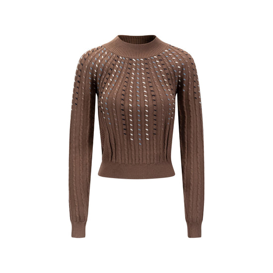 Cable Knit Top With Multi Colored Stitching - Tan