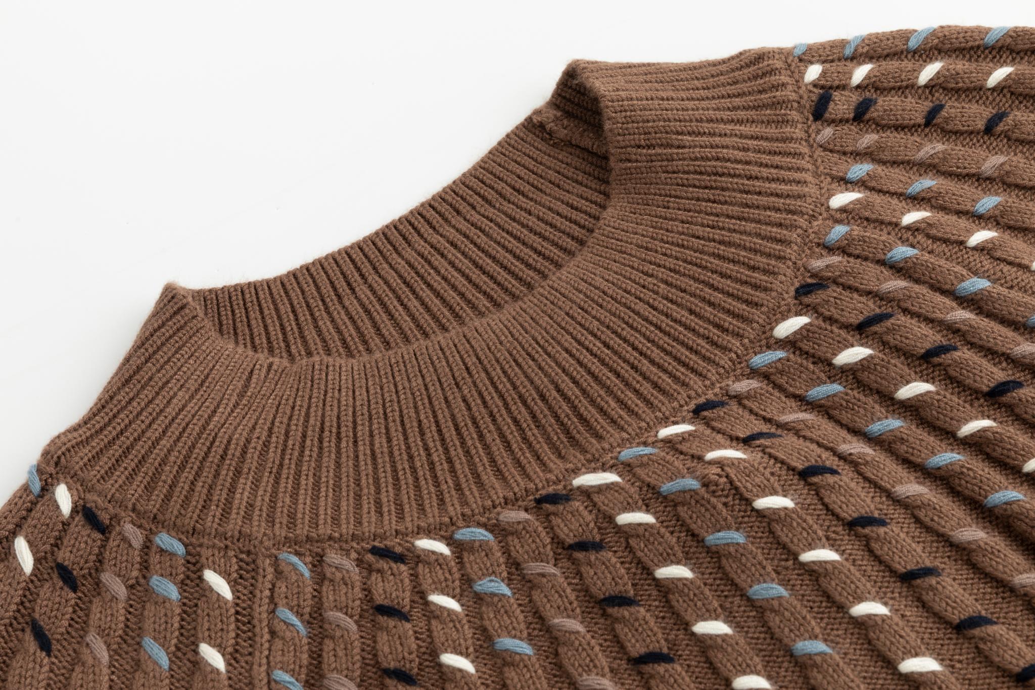 Cable Knit Top With Multi Colored Stitching - Tan