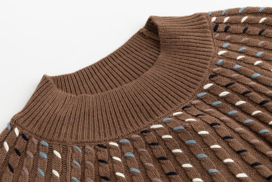 Cable Knit Top With Multi Colored Stitching - Tan