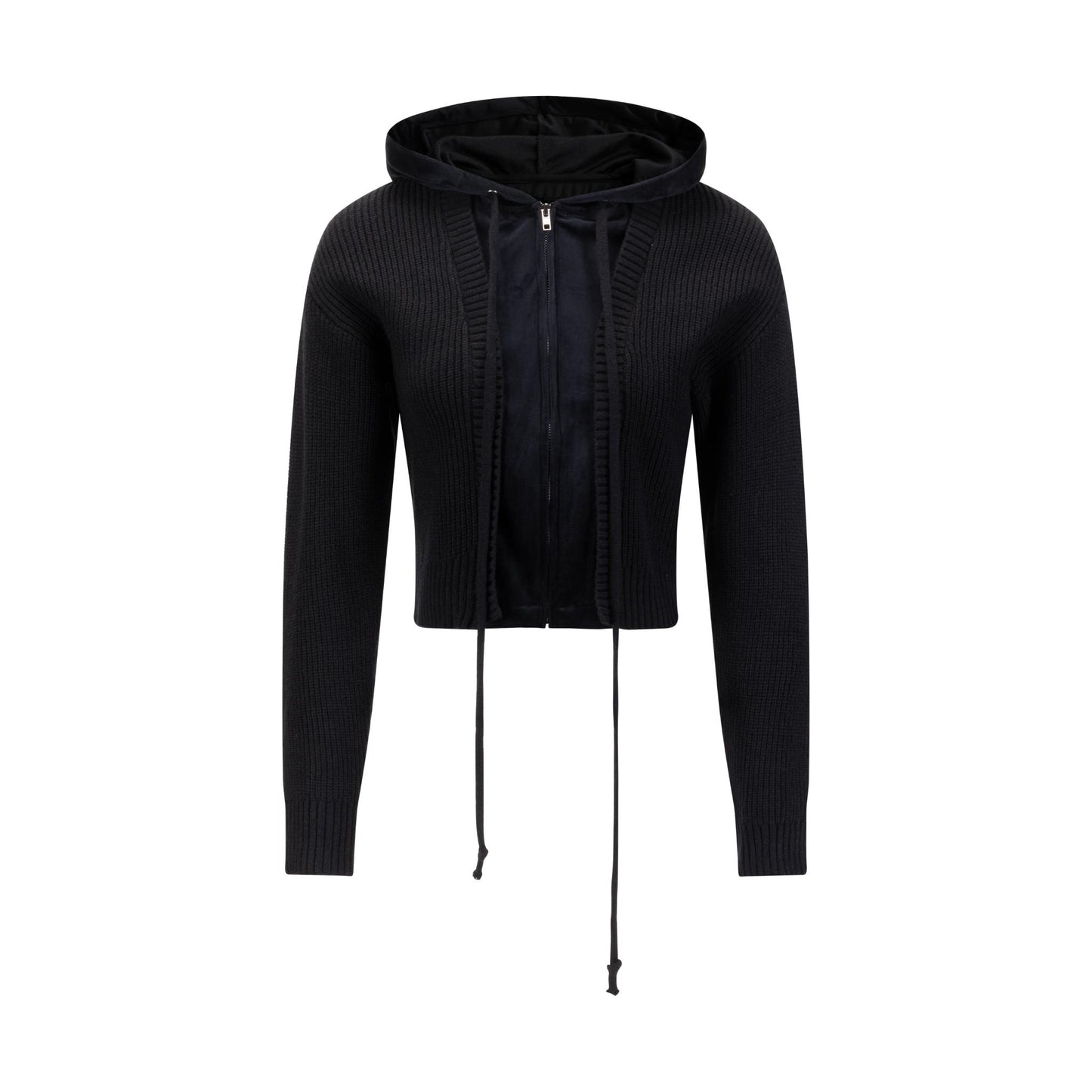 Black Knit And Velvet Zip Up Hoodie