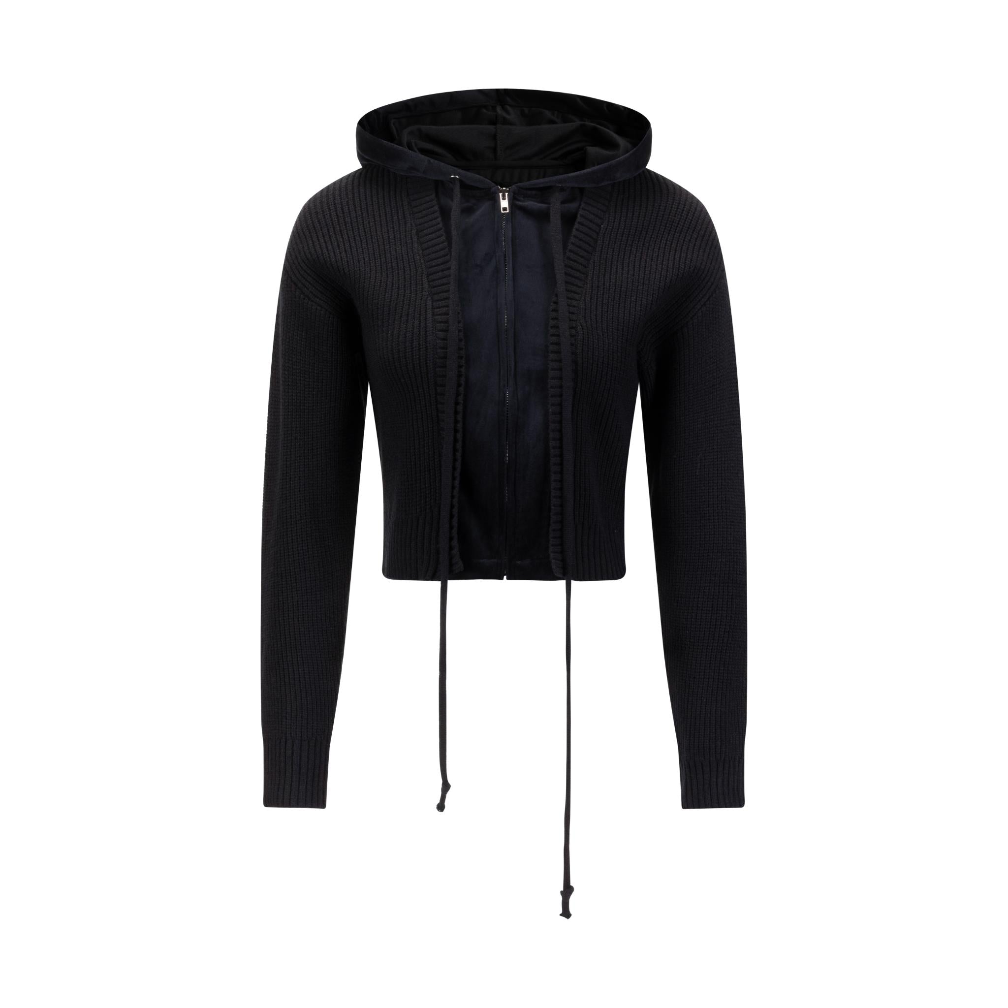 Black Knit And Velvet Zip Up Hoodie