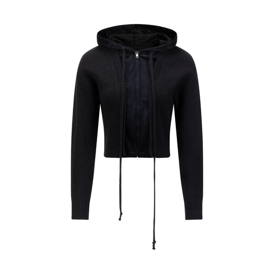 Black Knit And Velvet Zip Up Hoodie