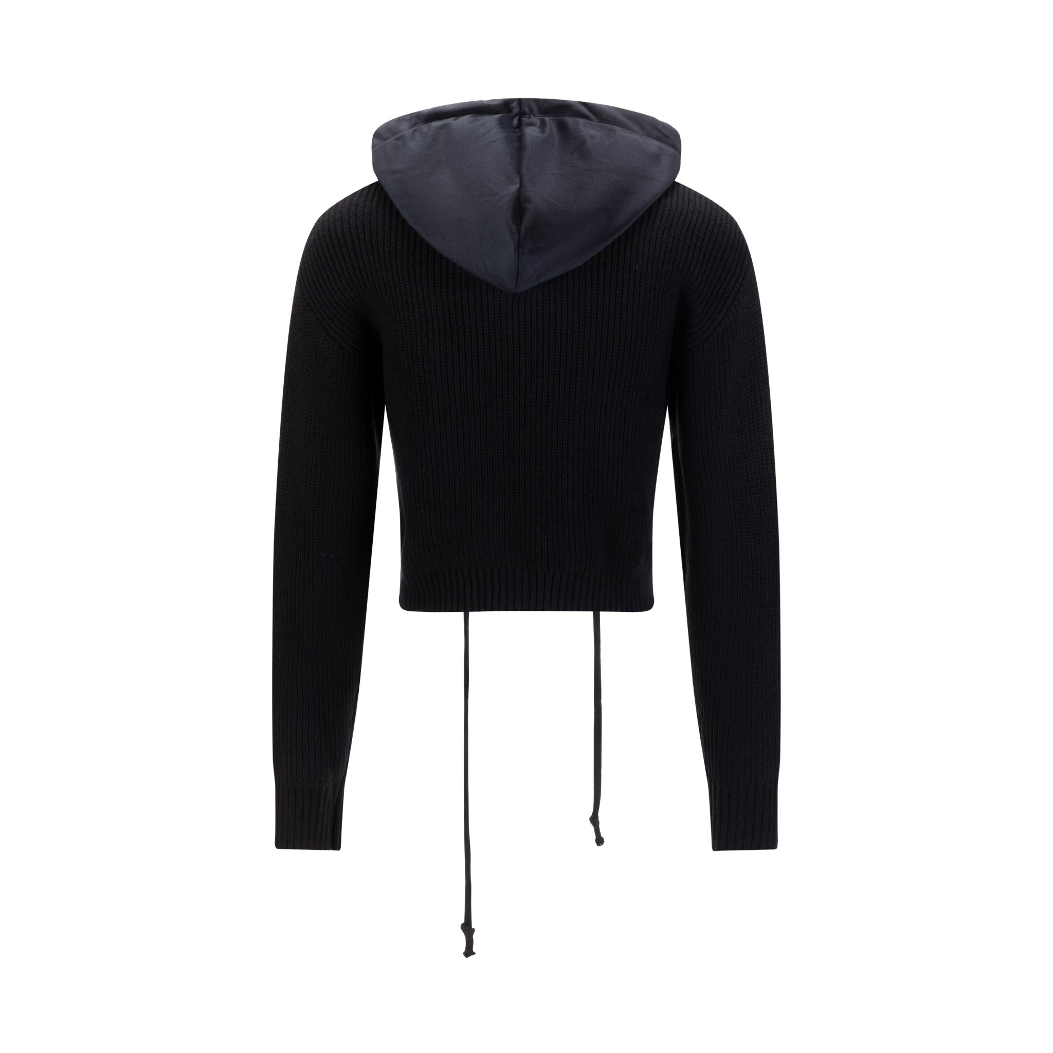 Black Knit And Velvet Zip Up Hoodie
