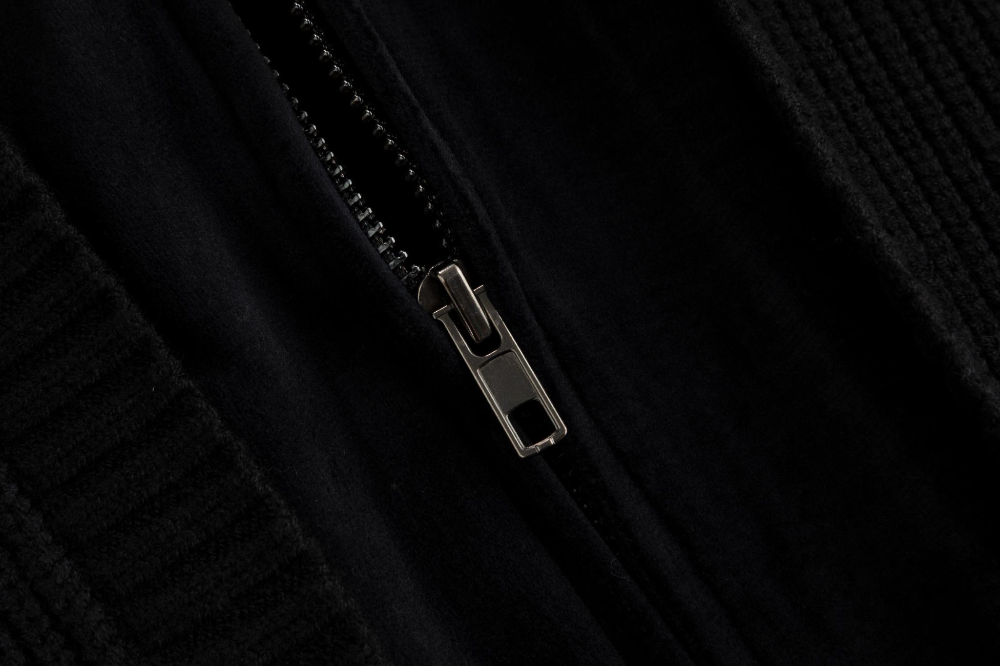 Black Knit And Velvet Zip Up Hoodie