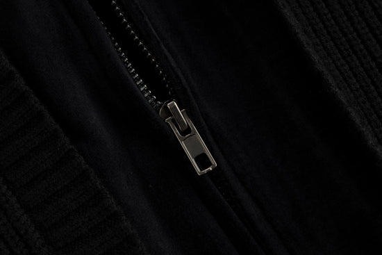 Black Knit And Velvet Zip Up Hoodie
